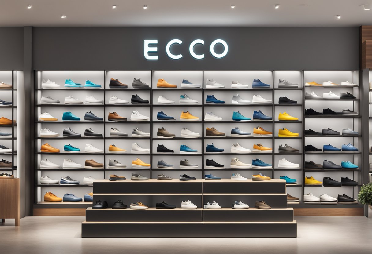 A display of Ecco shoes in a well-lit store, with various styles neatly organized on shelves and a prominent sign showcasing the brand's logo