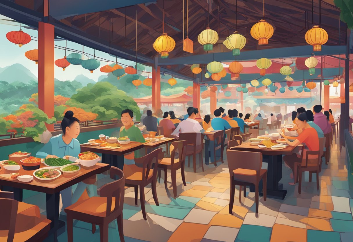 A bustling, vibrant Hai Di Lao restaurant in Singapore, filled with colorful hot pot tables and steaming pots of broth