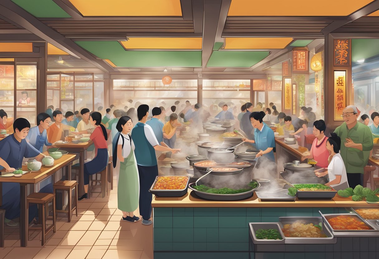 A bustling Hai Di Lao hot pot restaurant in Singapore, with steam rising from bubbling pots, colorful ingredients, and attentive staff serving customers