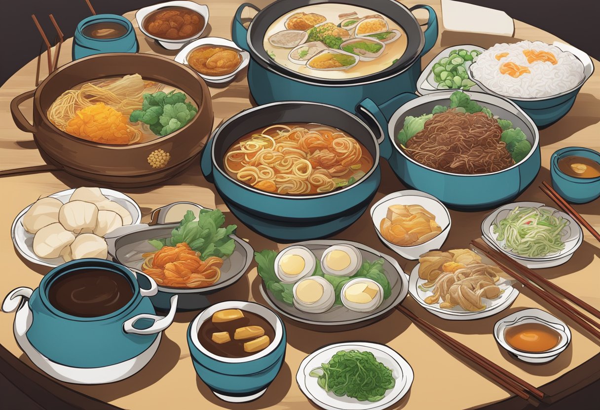 A table set with hotpot ingredients, chopsticks, and a menu at Hai Di Lao in Singapore