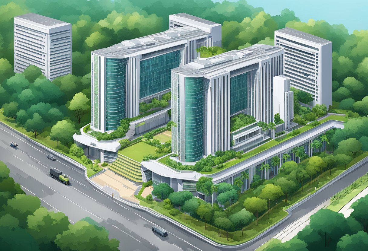 The Ministry of Defence in Singapore stands tall, with its modern architecture and sleek design, surrounded by lush greenery and the bustling cityscape in the background