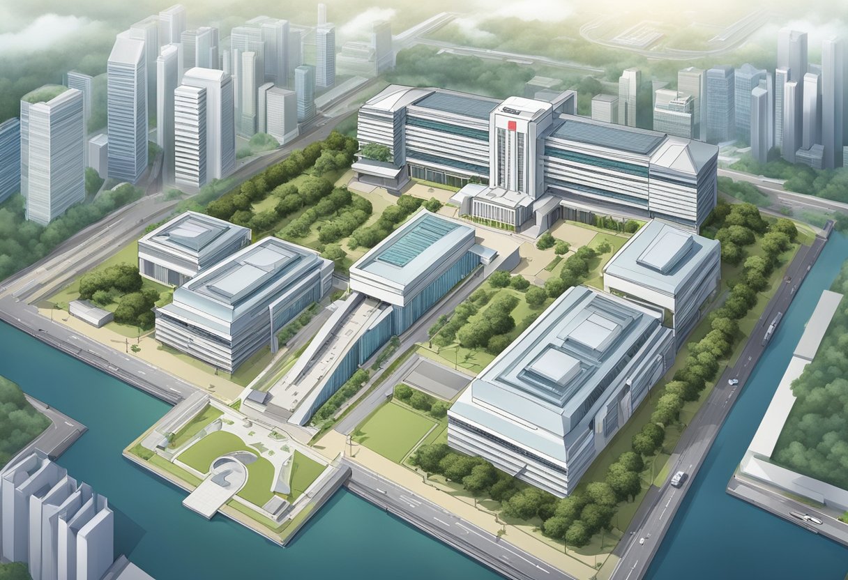 An overhead view of the Ministry of Defence Singapore, with its distinct architectural features and surrounding landscape, showcasing the hierarchy of its organisational structure