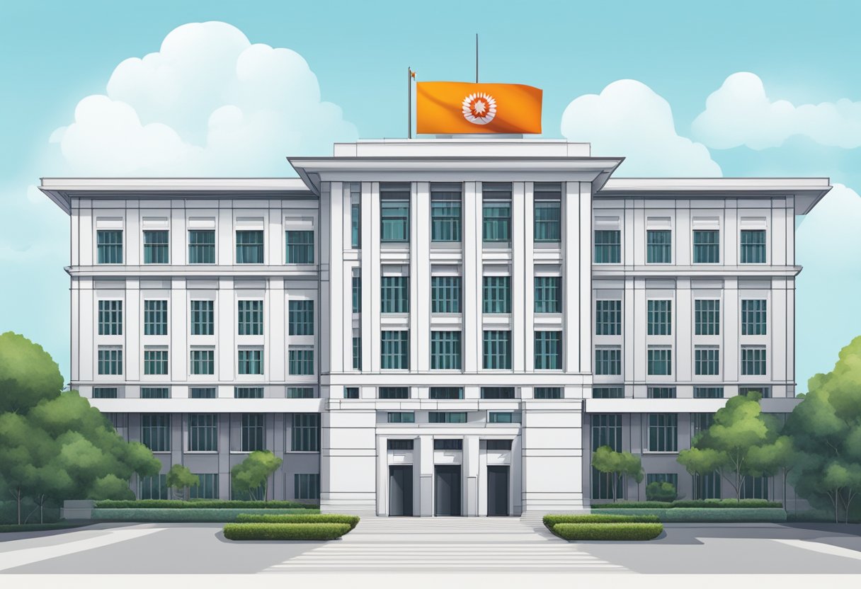 The Ministry of Defence Singapore, a modern building with sleek lines and a prominent national flag flying outside