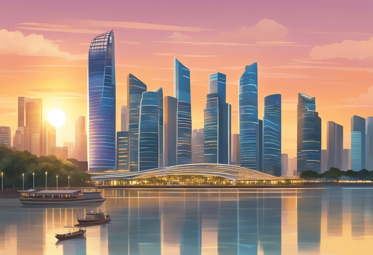 The sun sets over the Singapore skyline, casting a warm glow over the city as the call to prayer echoes through the air