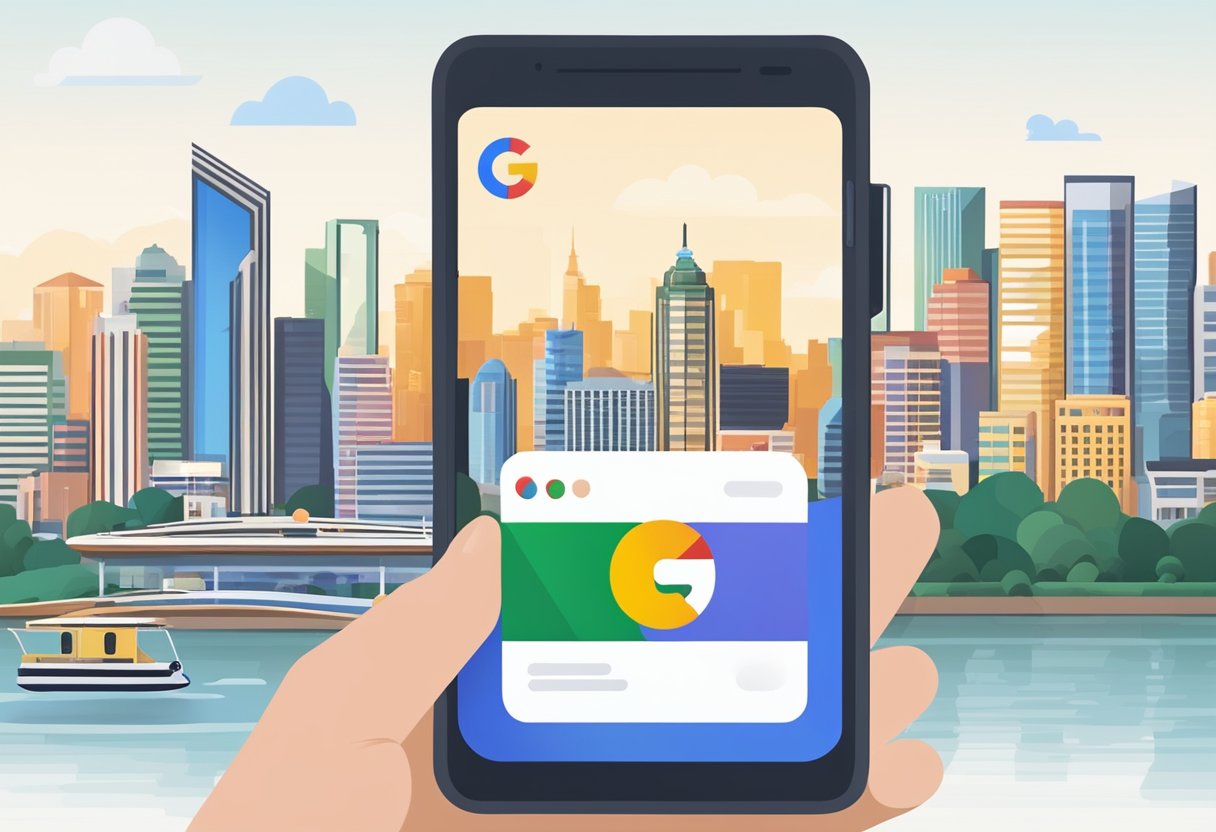 A smartphone displaying the Google Pay app with the Singapore skyline in the background