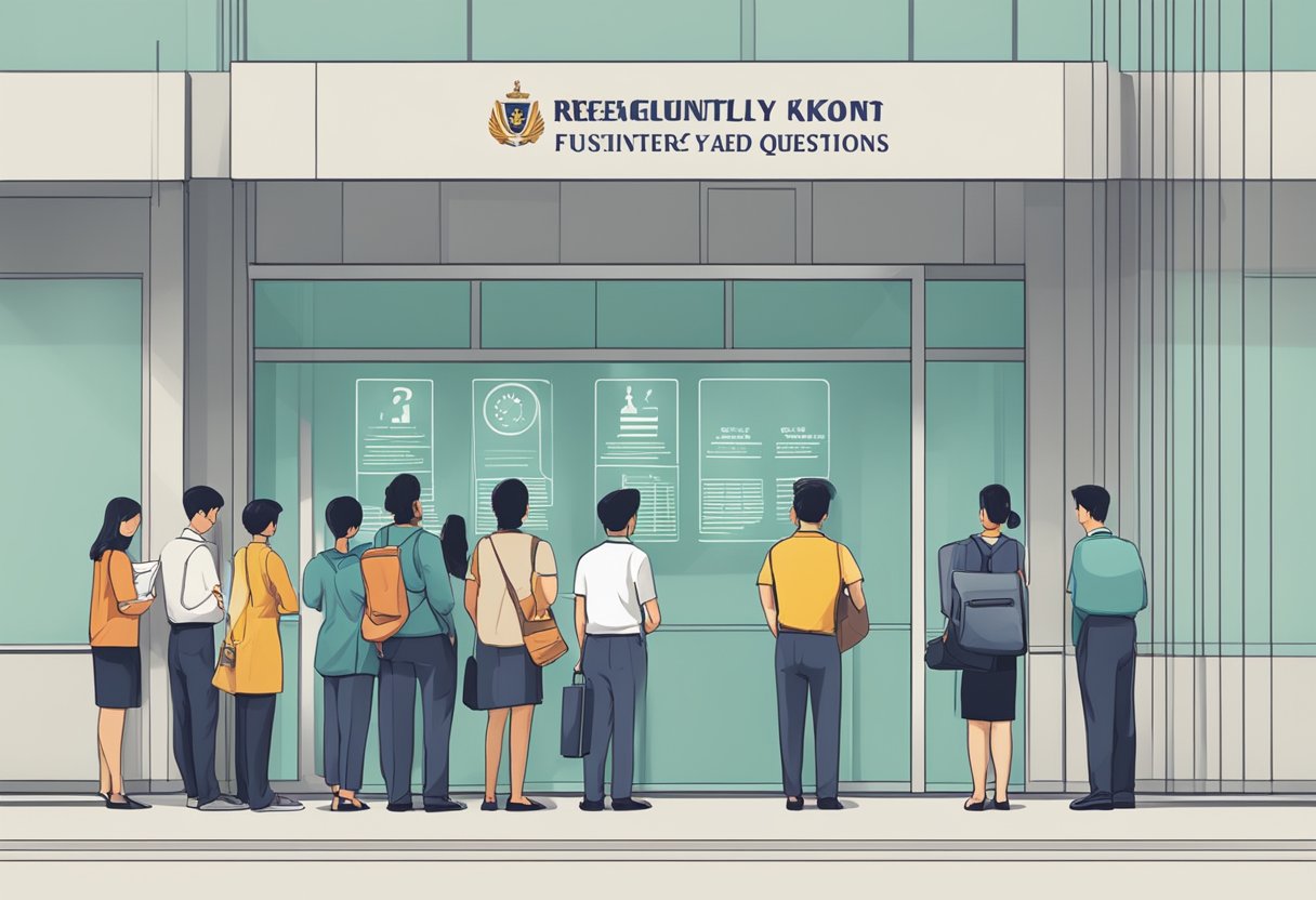 A group of people lined up at a Ministry of Defence office in Singapore, with a sign reading "Frequently Asked Questions" prominently displayed