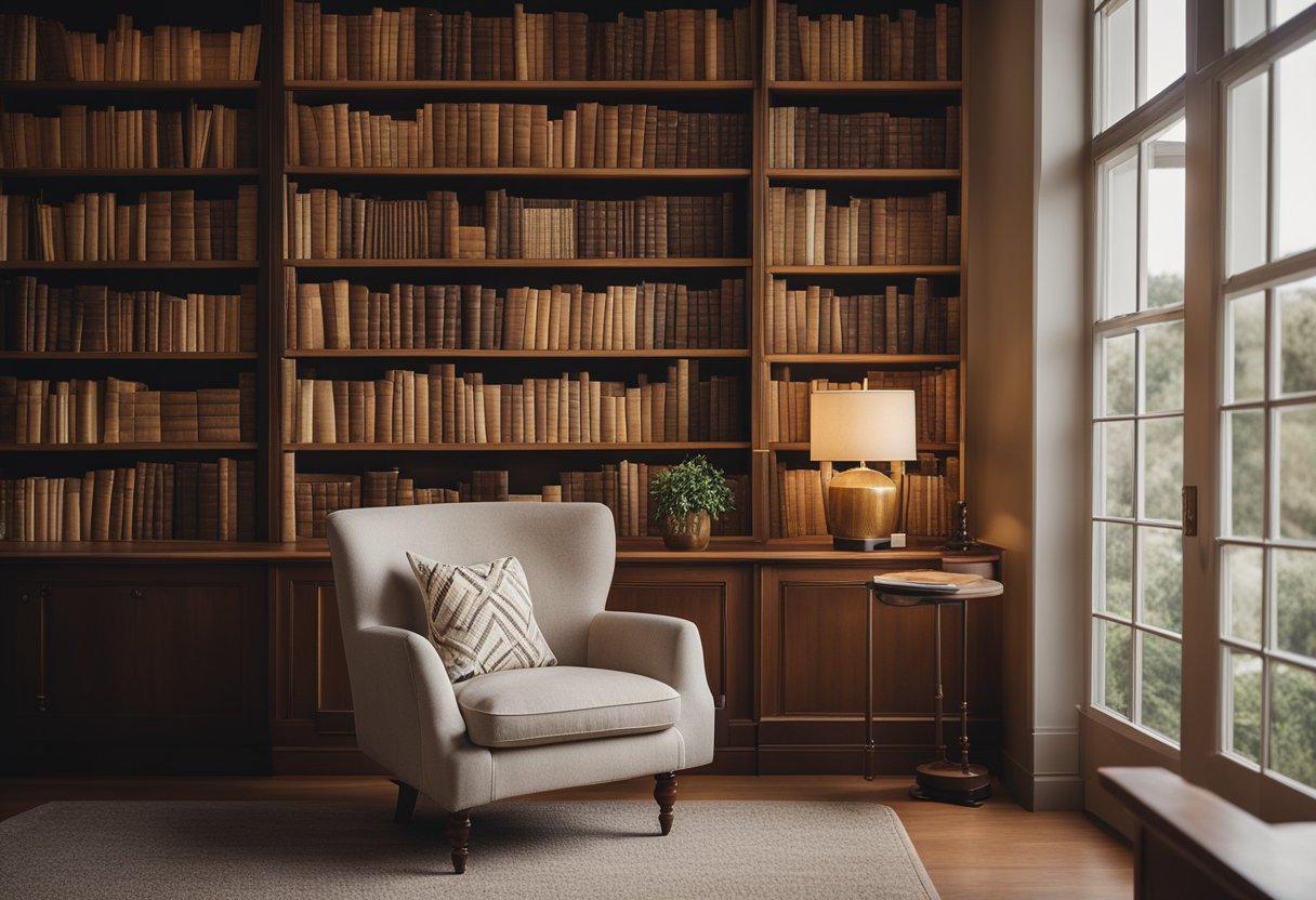 A cozy reading nook in a home library, with a comfortable armchair nestled in a corner next to a large window, surrounded by bookshelves filled with books and soft lighting creating a warm and inviting atmosphere