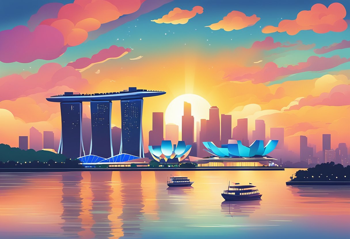 A colorful sunset over the Singapore skyline, with iconic landmarks like the Marina Bay Sands and the Singapore Flyer visible in the distance. The vibrant city lights reflect off the calm waters of the harbor