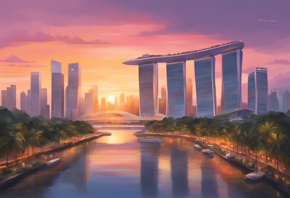 The sky is painted in shades of orange and pink as the sun sets behind the city skyline of Singapore. The call to prayer echoes through the air, signaling the arrival of Maghrib time