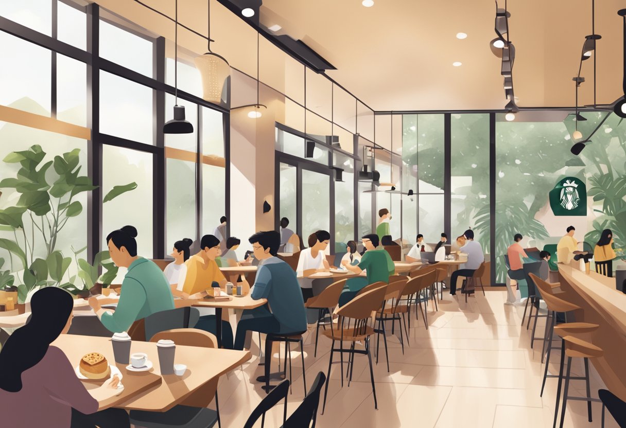 A bustling Starbucks cafe in Singapore, with modern interior, cozy seating, and customers enjoying coffee and pastries
