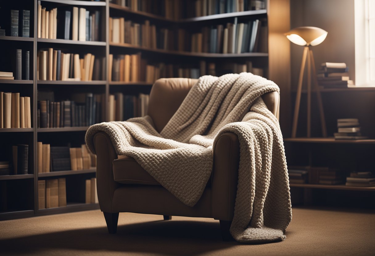 A plush armchair nestled in a corner, surrounded by bookshelves and soft lighting. A cozy throw blanket drapes over the chair, inviting readers to curl up and escape into a good book