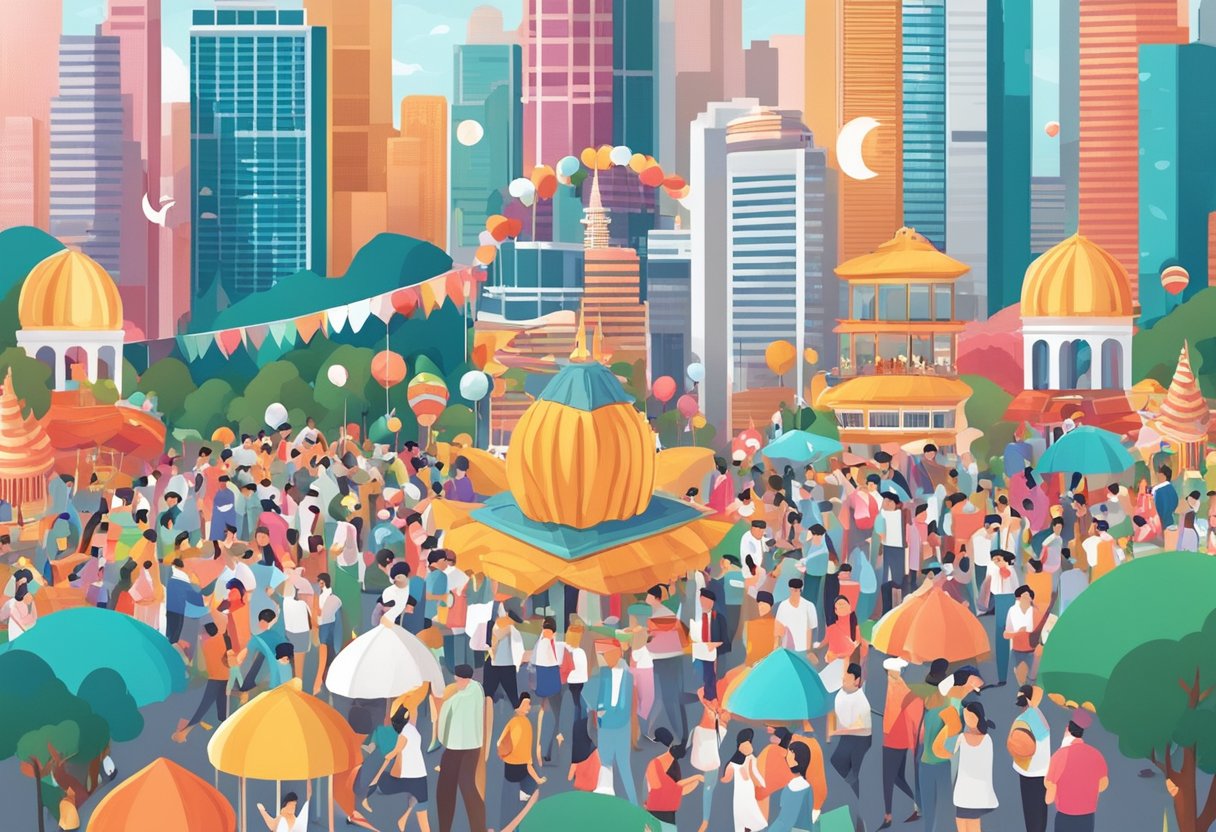 A diverse crowd celebrates Singapore's public holidays in a vibrant cityscape with iconic landmarks and festive decorations
