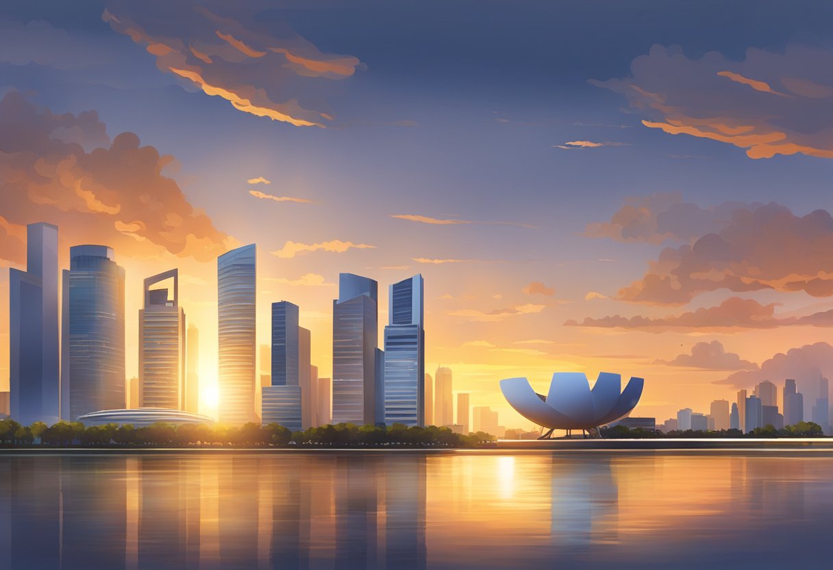 The sun setting over the Singapore skyline, casting a warm glow as the call to prayer echoes through the city
