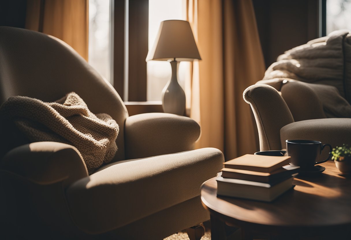 Soft, warm light filters through the window, casting a gentle glow over the plush armchair and side table stacked with books. A cozy blanket drapes over the chair, inviting readers to snuggle in and escape into a world of literature