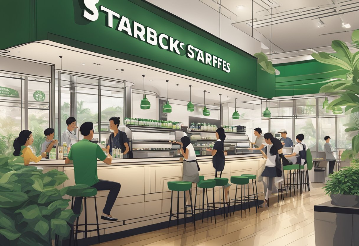 A bustling Starbucks cafe in Singapore, with customers chatting and enjoying their drinks. The iconic green and white logo stands out against the modern, sleek interior design