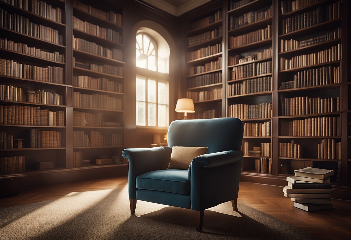 A plush armchair sits nestled in a corner of a home library, surrounded by floor-to-ceiling bookshelves. Soft lighting illuminates the space, while a small side table holds a steaming cup of tea and a stack of books