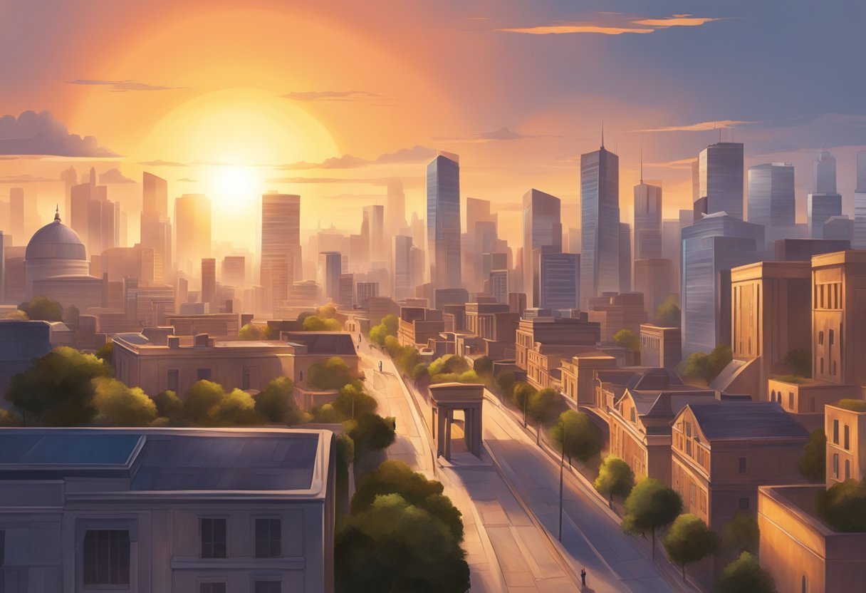 The sun sets behind the city skyline, casting a warm glow over the buildings as the call to prayer echoes through the streets