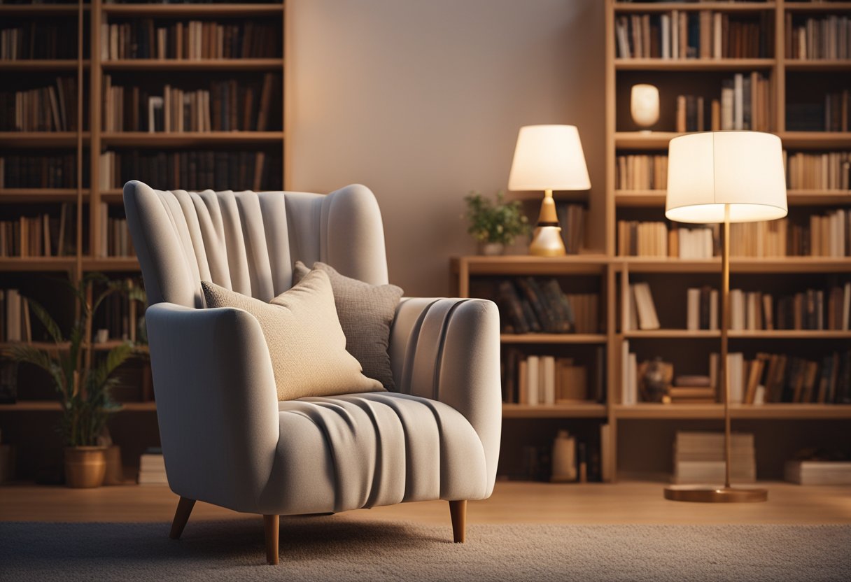A plush armchair sits beside a tall bookshelf, adorned with soft blankets and throw pillows. A warm lamp casts a soft glow over the space, creating a cozy reading nook in the home library