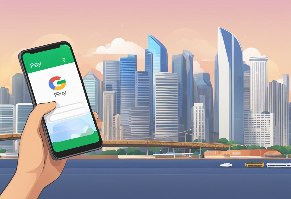 A smartphone displaying the Google Pay app with a Singaporean skyline in the background. The app is open to the payment screen, ready for a transaction