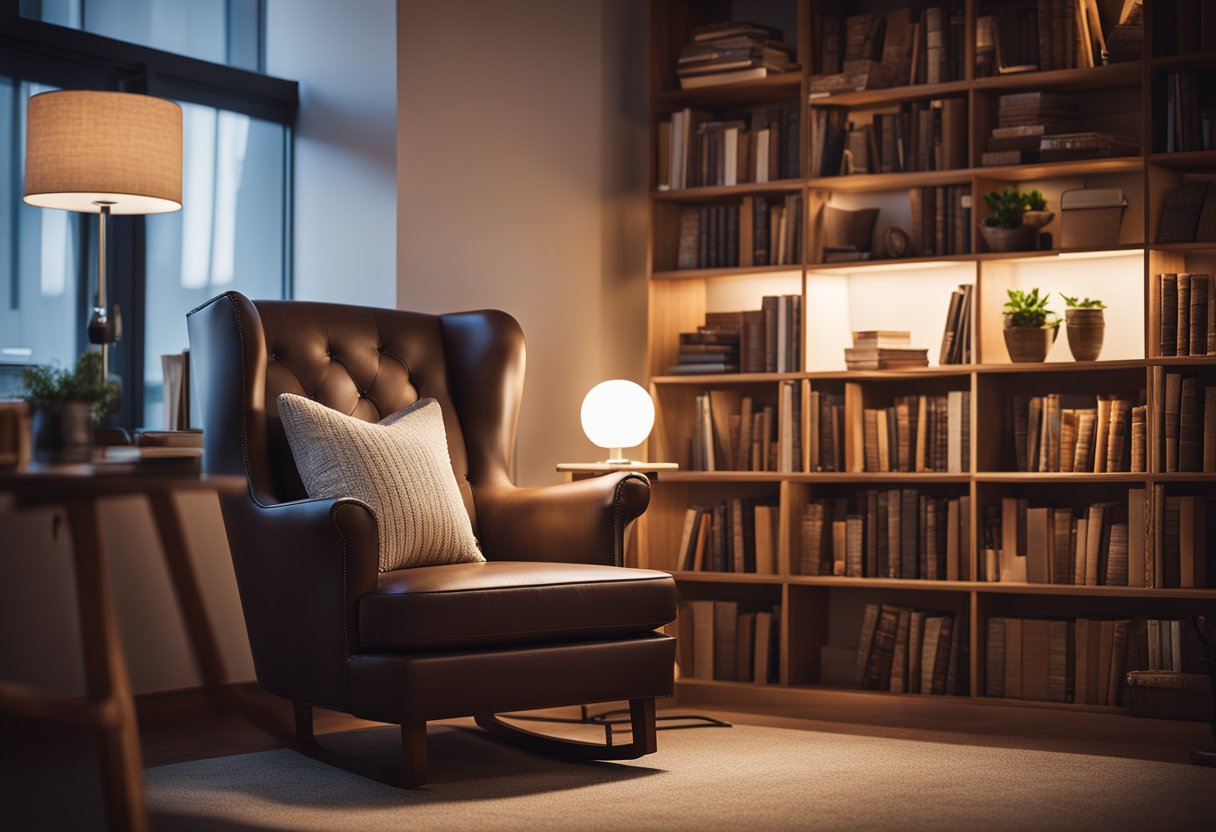 A cozy reading nook with soft, warm lighting, a comfortable chair, a small side table with a lamp, and a bookshelf filled with books
