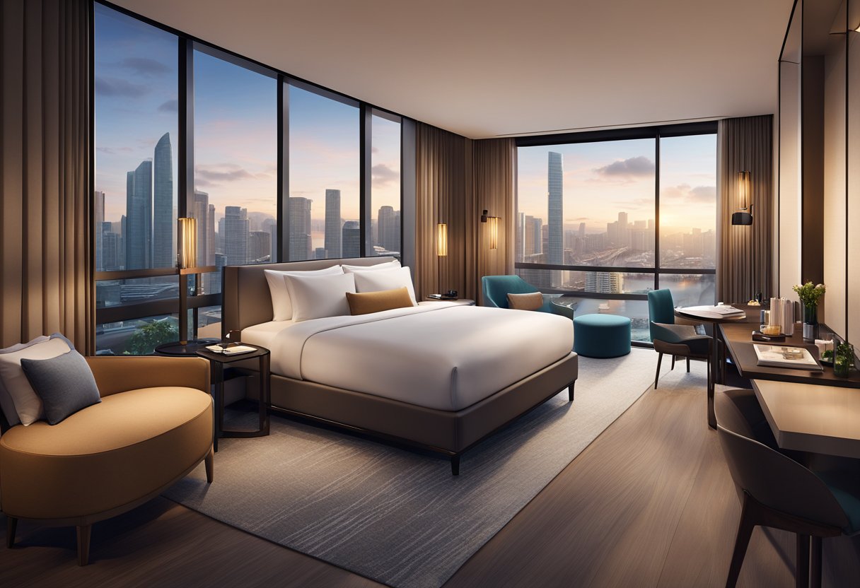 A cozy, modern hotel room at Intercontinental Singapore Robertson Quay, with a plush bed, soft lighting, and a view of the city skyline