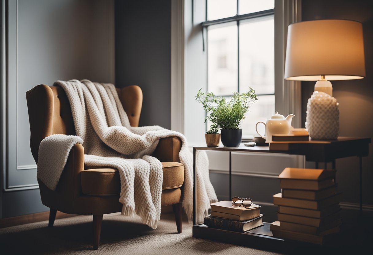 A plush armchair sits by a window, adorned with a soft throw blanket and a stack of books. A small side table holds a warm lamp and a cup of tea, creating the perfect cozy reading nook