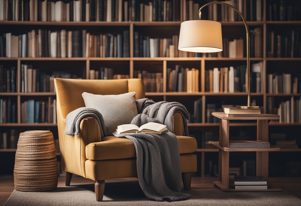 A cozy reading corner with a plush armchair, soft throw blanket, a side table with a warm lamp, and a bookshelf filled with books