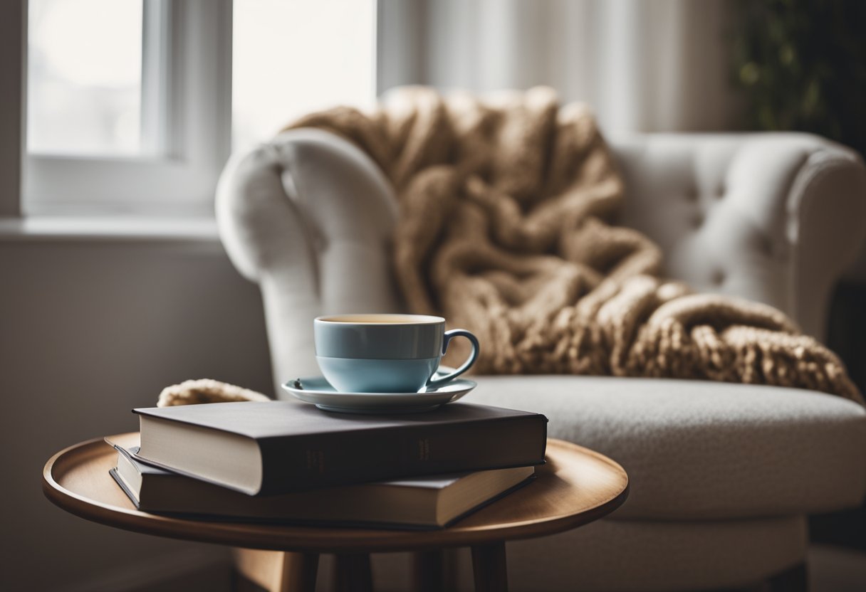 A plush armchair sits beside a window, bathed in soft natural light. A warm throw blanket drapes over the back, and a small side table holds a steaming cup of tea and a stack of books