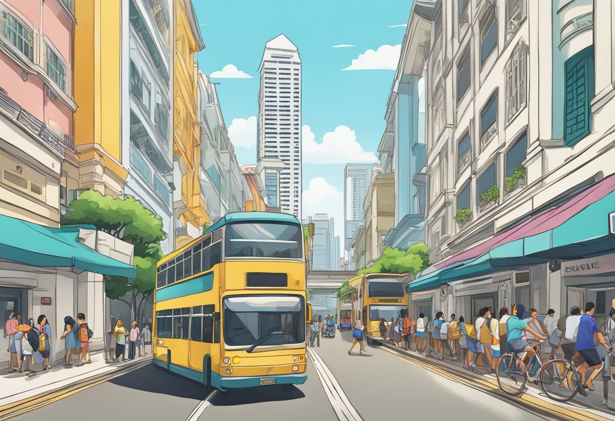 A bustling city street in Singapore, with iconic landmarks in the background and tourists asking questions at information booths