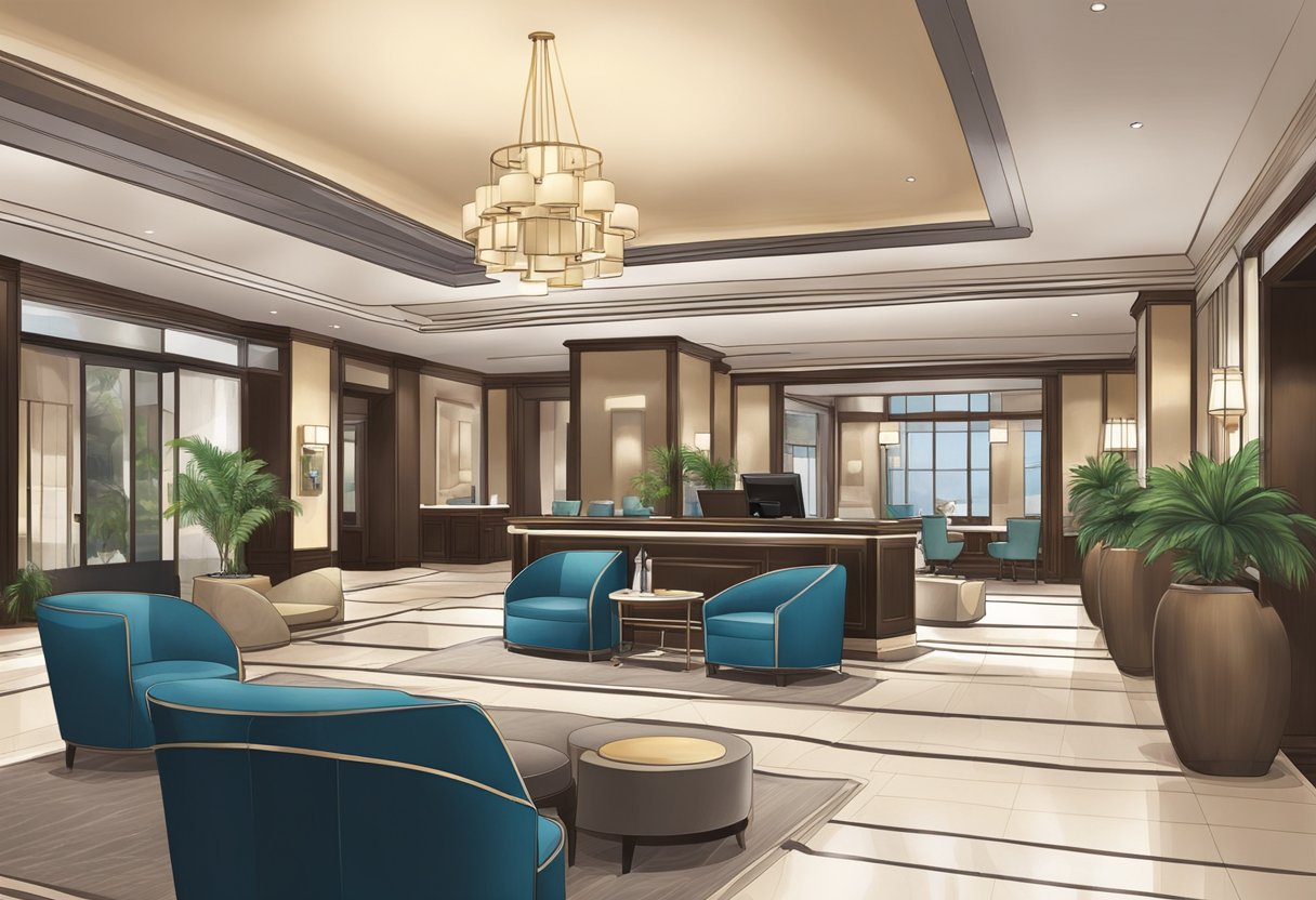 The hotel lobby is adorned with modern furnishings and elegant decor. A concierge desk stands ready to assist guests, while a luxurious spa and fitness center beckon for relaxation and rejuvenation