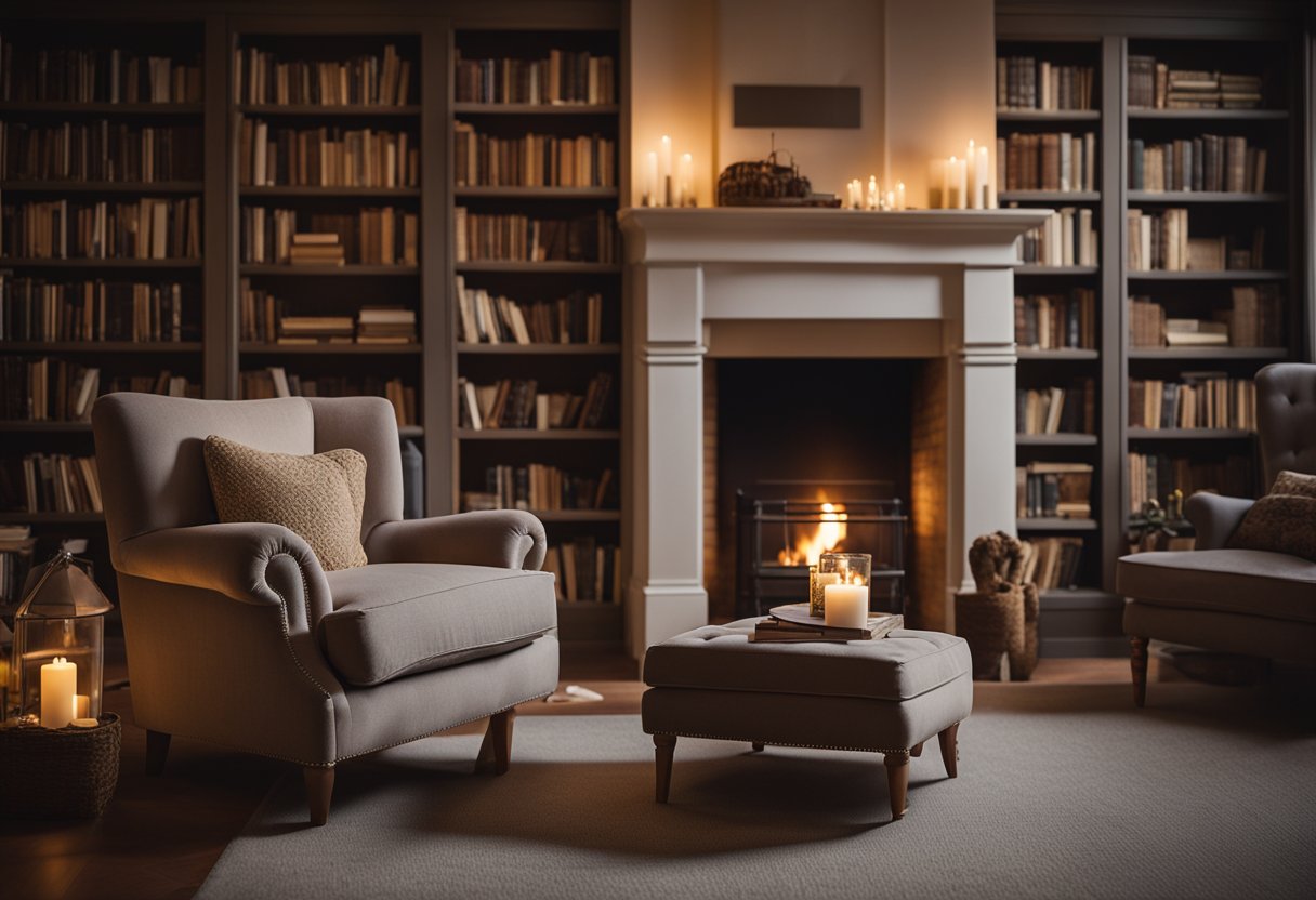 A plush armchair sits by a crackling fireplace, surrounded by bookshelves filled with well-loved novels. Soft, warm lighting creates a cozy atmosphere, inviting readers to relax and unwind