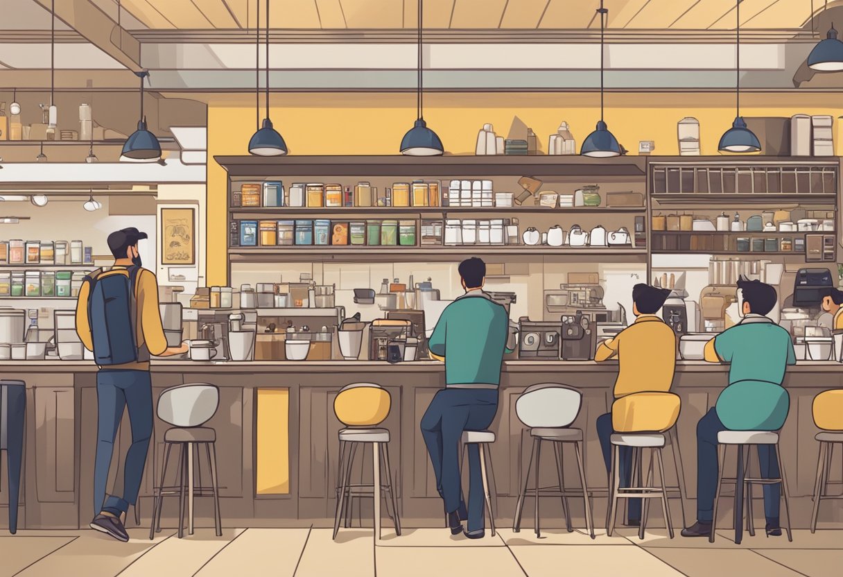 A bustling cafe with various beverages on display, baristas working behind the counter, and customers chatting in the background