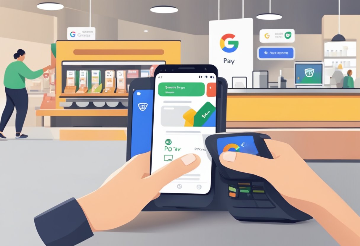 A person swiping their phone at a cashier with a Google Pay logo displayed on the screen, while making a daily transaction in Singapore