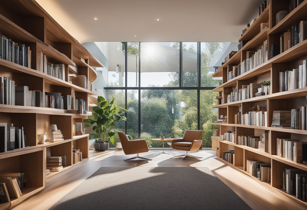A modern home library with sustainable materials and eco-friendly design. Bright, open space with natural light, recycled wood shelves, and energy-efficient lighting