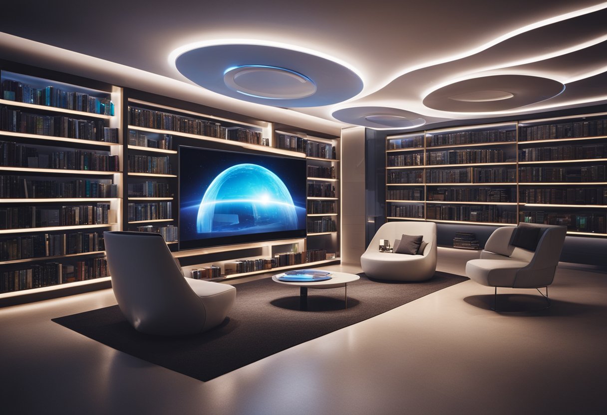 A sleek, futuristic home library with integrated holographic displays, voice-activated controls, and interactive reading pods