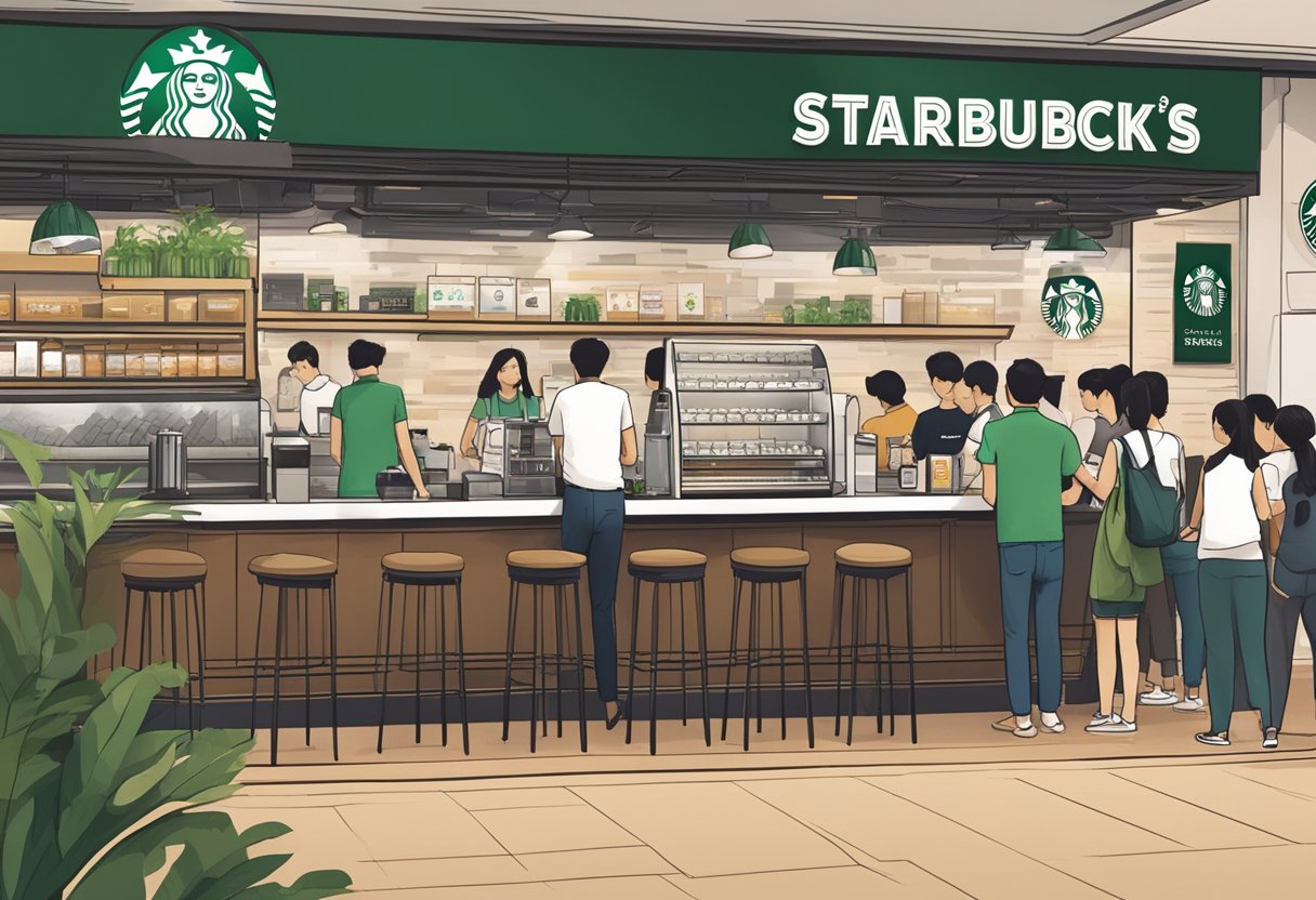 A bustling Starbucks café in Singapore, with customers lining up at the counter, baristas preparing drinks, and the iconic green and white logo displayed prominently