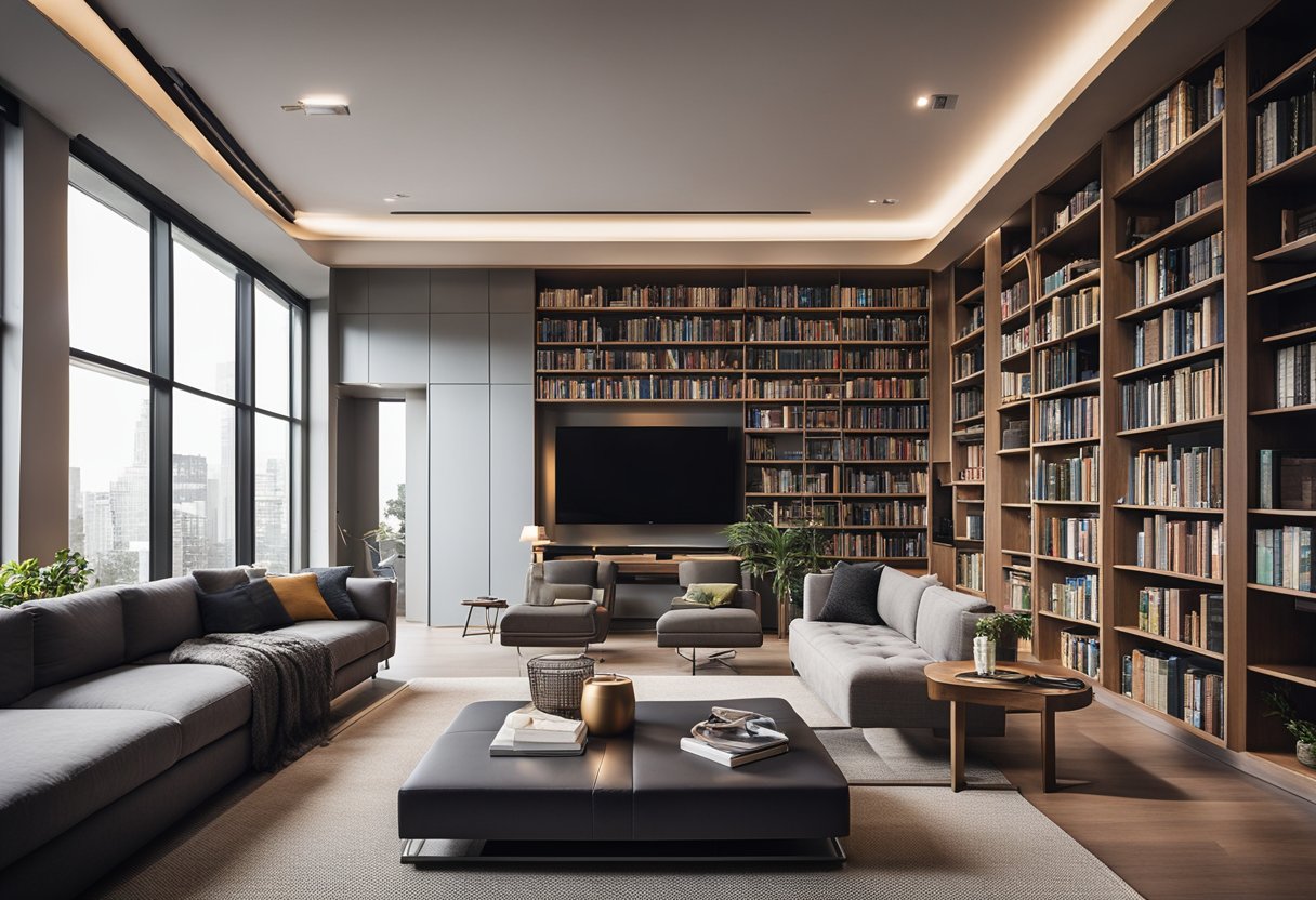 A modern home library with sleek bookshelves, cozy reading nooks, and integrated technology for a multipurpose space that balances functionality and style