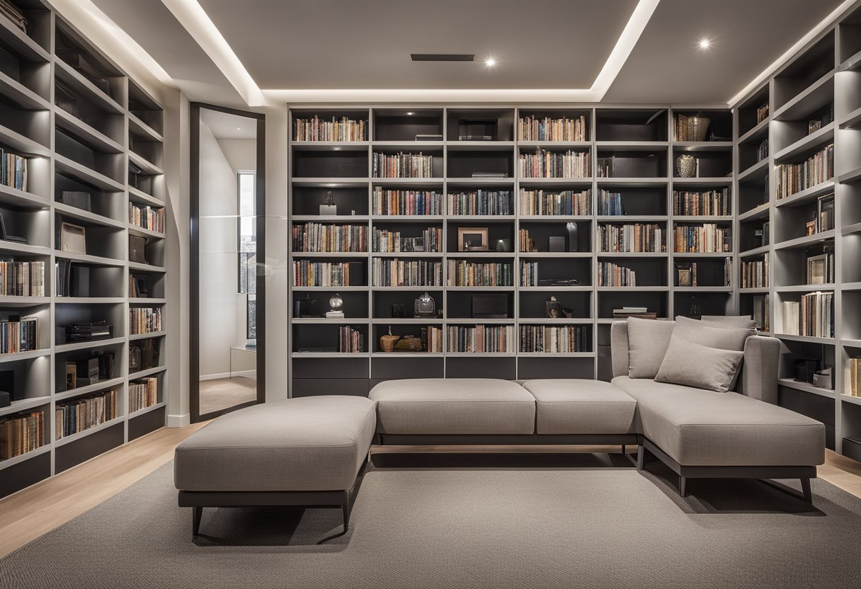 A sleek, modern home library with custom built-ins and personalized storage solutions. Clean lines, minimalist design, and integrated lighting create a functional and stylish space