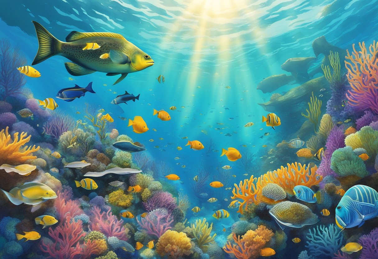 Colorful coral reefs sway in the gentle current, surrounded by schools of vibrant fish. Sunlight filters through the clear water, illuminating the diverse marine life of Singapore's underwater world