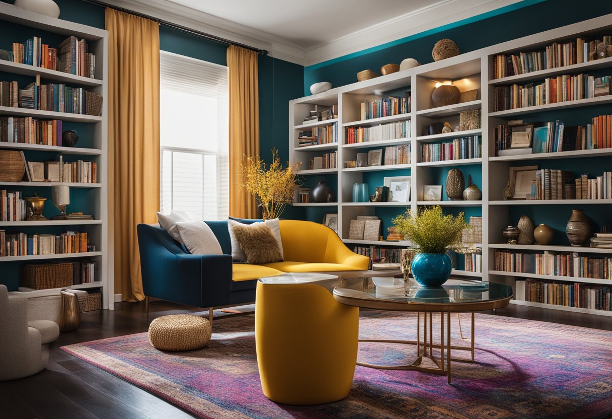 Vibrant colors and varied textures fill the modern home library. Bold accents pop against a neutral backdrop, creating a dynamic and visually engaging space