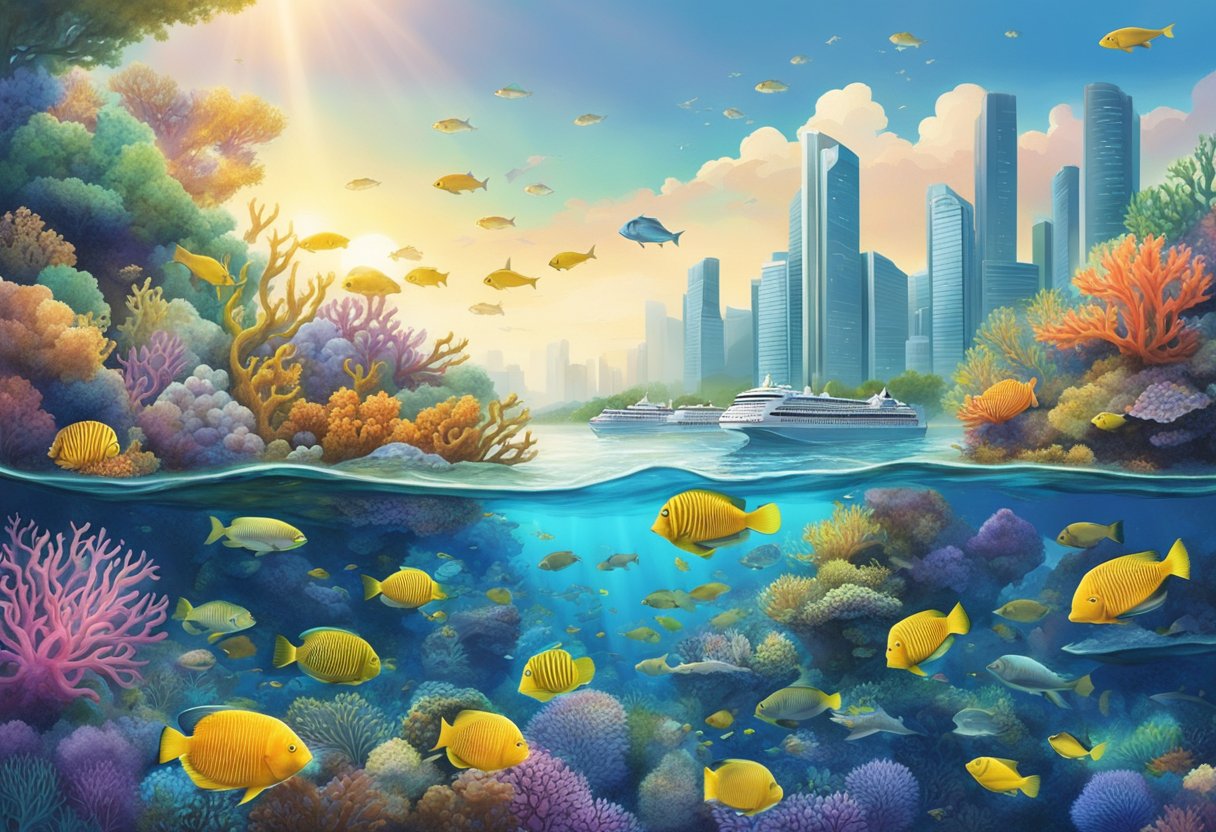 Colorful coral reefs, swaying seaweed, and schools of vibrant fish fill the underwater world of Singapore. Sunlight filters through the clear water, illuminating the diverse marine life