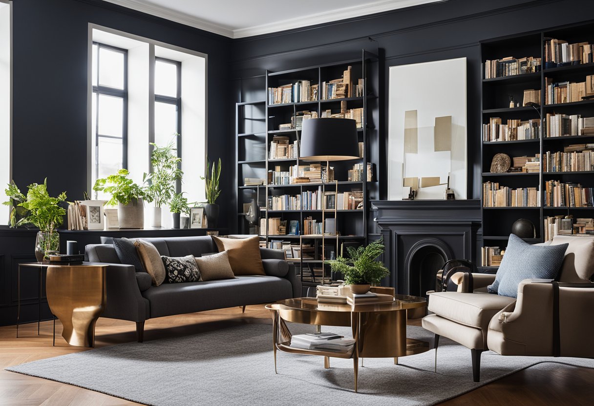 A clean, uncluttered home library with sleek, modern furniture and minimal decor. Contrast with a vibrant, eclectic space filled with books, art, and unique furnishings