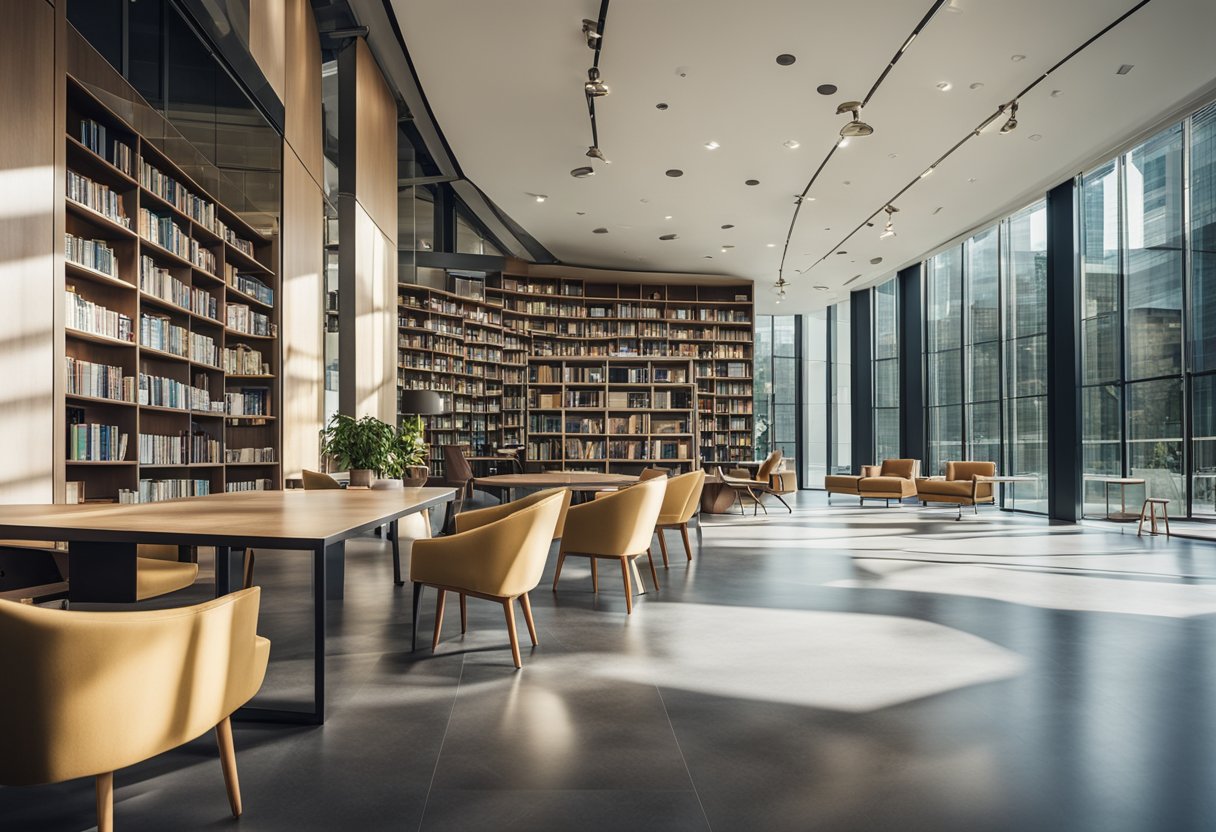 A spacious, sunlit modern library with floor-to-ceiling windows, strategically placed mirrors, and light-colored furniture to maximize natural light