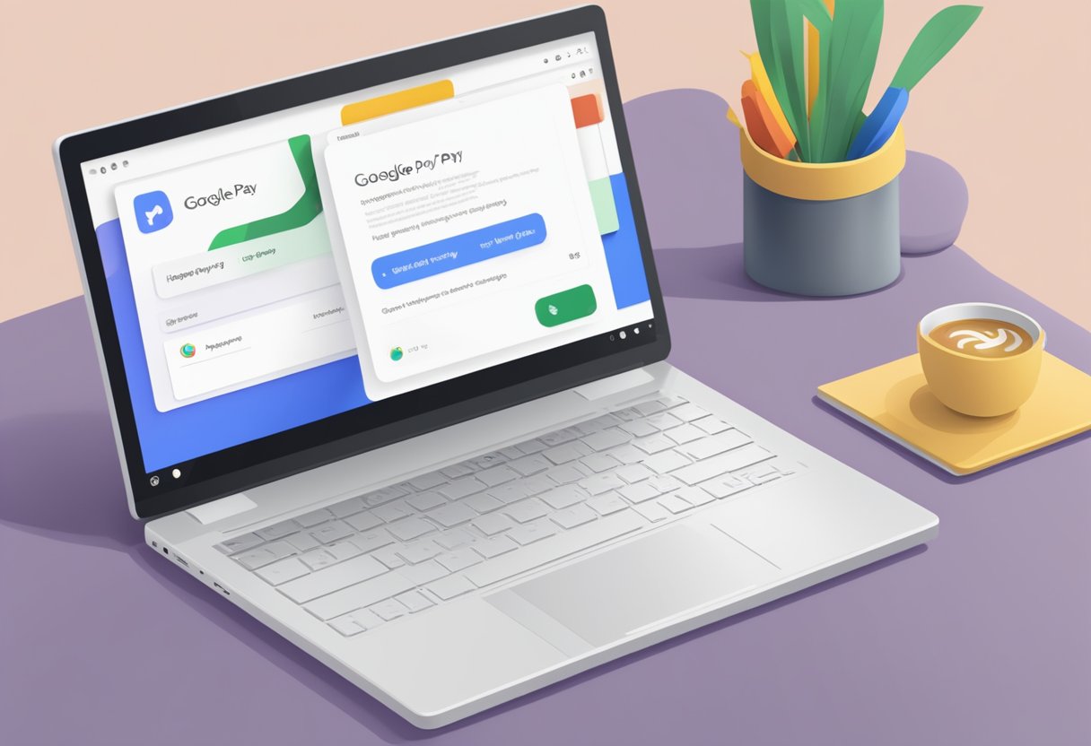 A laptop displaying the Google Pay Singapore website with a list of frequently asked questions and the Google Pay logo