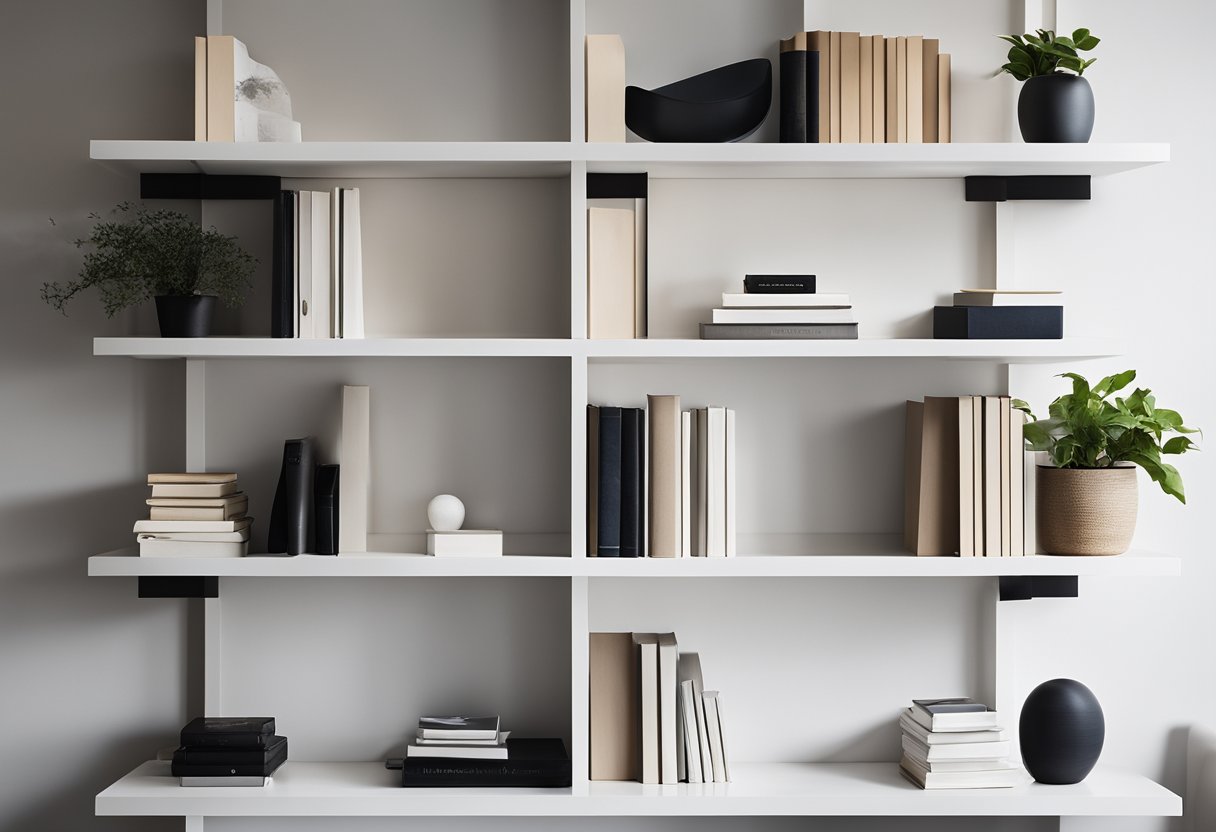 A sleek, white bookshelf stands against a wall, holding a few carefully selected books and decorative objects. The room is bathed in natural light, with clean lines and minimalistic furniture
