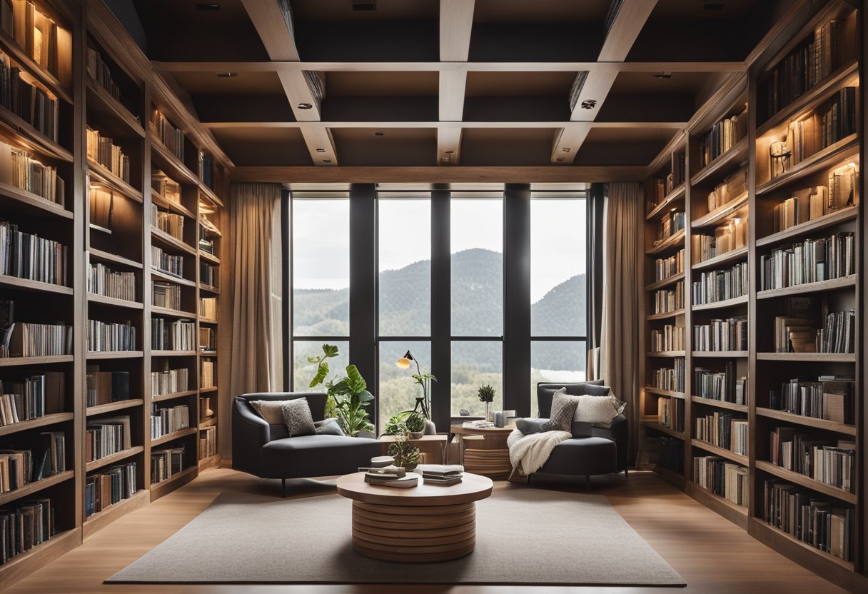 A cozy, soundproofed home library with modern design elements and ample natural lighting. Comfortable seating, bookshelves, and integrated technology for a quiet reading environment