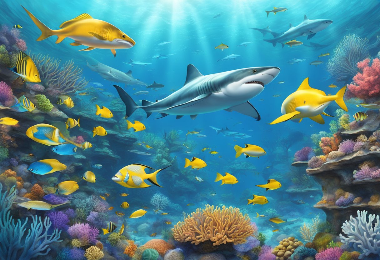 Vibrant coral reefs teeming with colorful fish, rays gliding gracefully, and majestic sharks swimming through the clear blue waters of Underwater World Singapore
