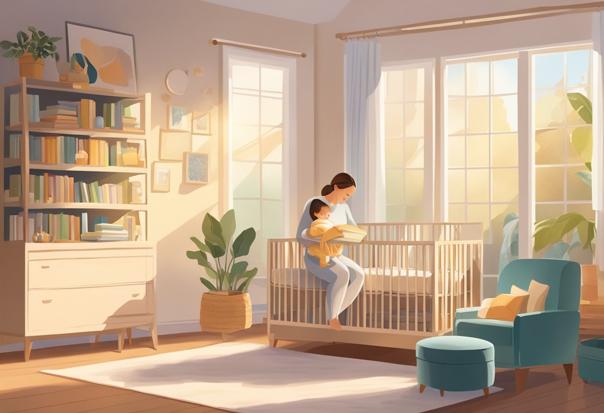 A mother-to-be relaxing in a cozy room, surrounded by baby books and a crib, with soft sunlight streaming in through the window