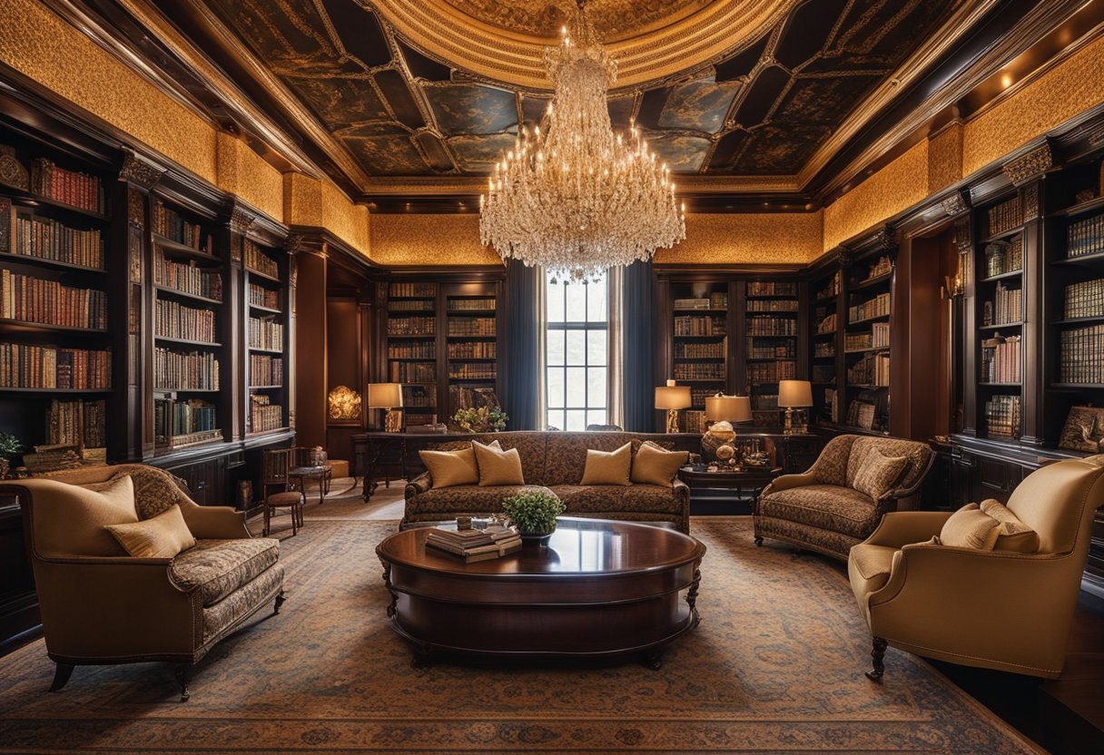 A grand, opulent home library with floor-to-ceiling bookshelves, ornate furniture, and rich, luxurious fabrics. Bold colors and intricate patterns create a maximalist paradise