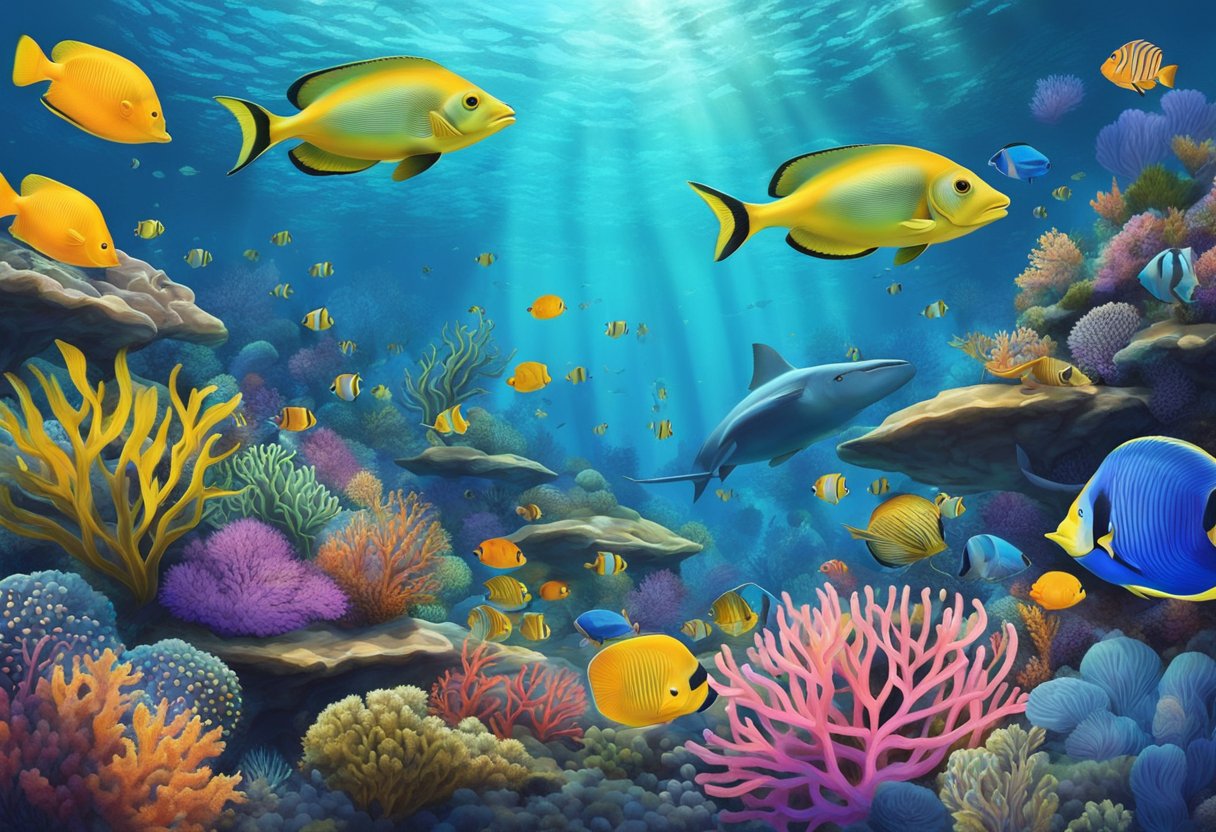 Colorful marine life swims among vibrant coral reefs in the underwater world of Singapore, creating a mesmerizing and bustling scene for onlookers